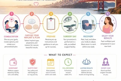 Overview infographic of the Bay Area breast augmentation journey from consultation to recovery