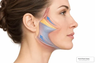 Patient-friendly illustration showing the deep plane facelift layer beneath the SMAS and natural cheek and jawline