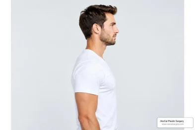 Adult man in a fitted shirt, shown in profile for male tummy tuck patient education