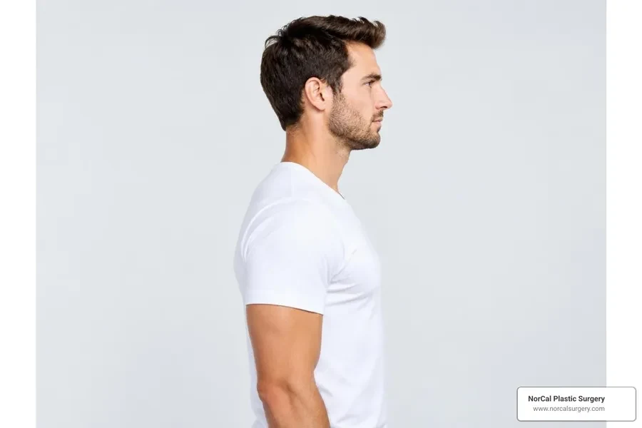 Adult man in a fitted shirt, shown in profile for male tummy tuck patient education