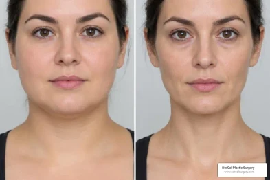 Illustrated before-and-after comparison showing facial volume loss after significant weight loss, with reduced cheek