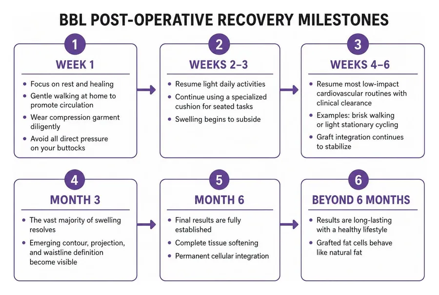 BBL post-operative recovery milestones from week one to month six