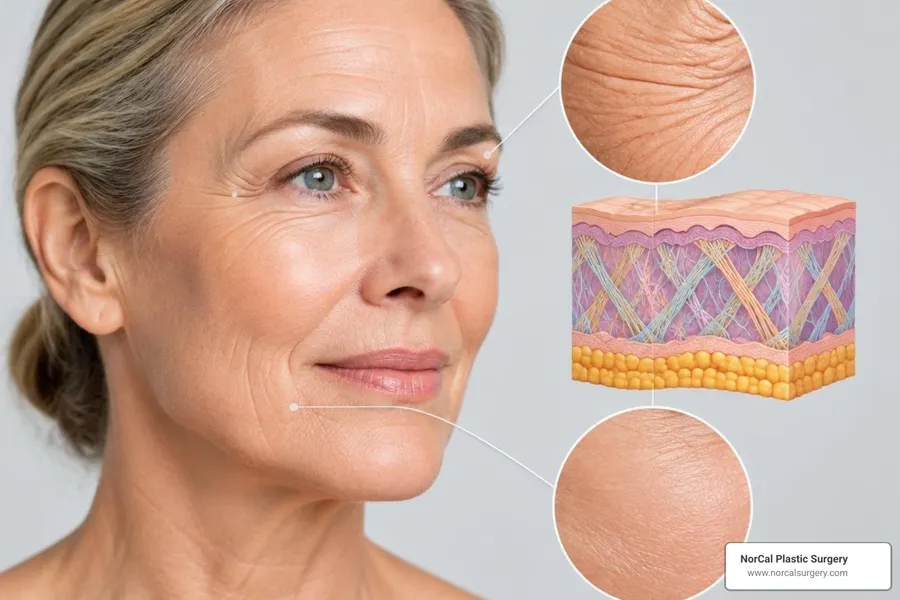 Unbranded clinical illustration showing collagen and elastin changes in aging skin