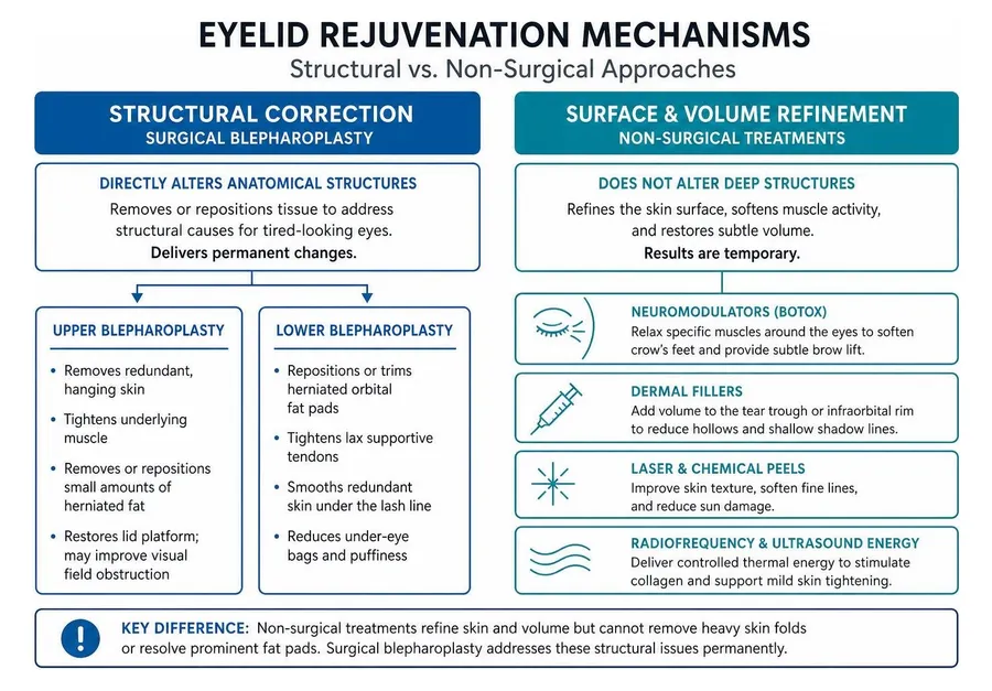 Diagram showing structural vs non-surgical eyelid rejuvenation mechanisms