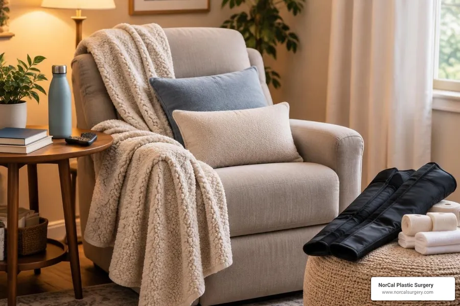 Home post-operative recovery setup with comfortable pillows and recovery items