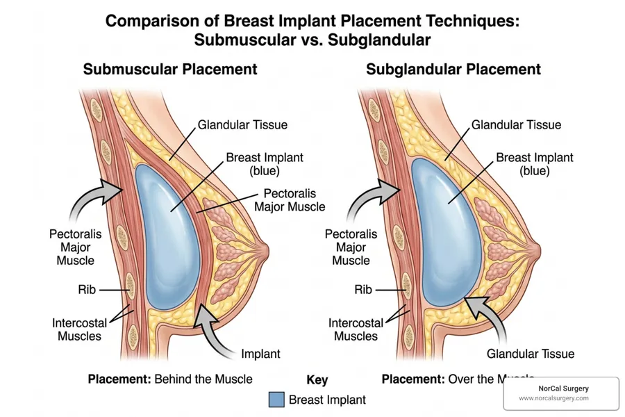 Illustration of submuscular vs. subglandular breast implant placement