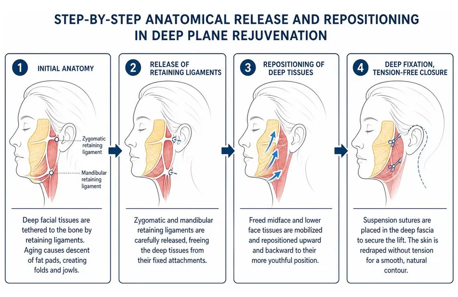 Step-by-step anatomical release and repositioning in deep plane rejuvenation