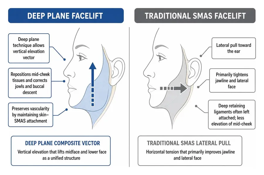 Comparison of deep plane composite vectors versus traditional SMAS lateral pull