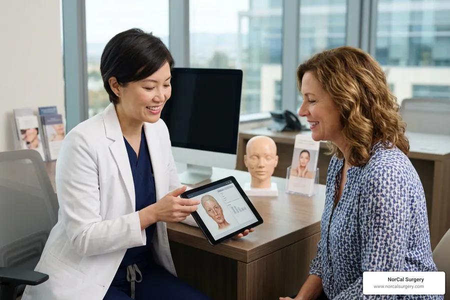 Plastic surgeon reviewing facelift preparation and candidacy with an adult patient in a professional consultation room