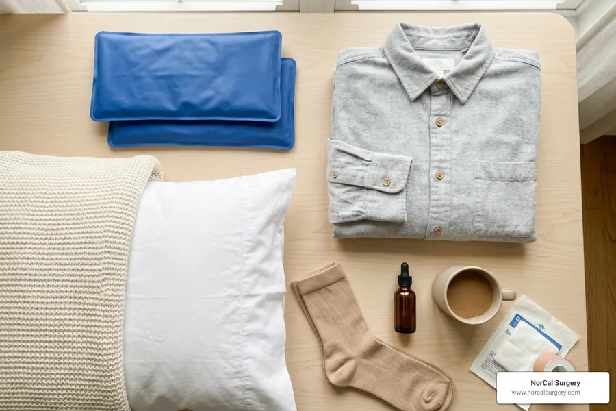 Recovery post-operative care items including ice packs, elevated pillows, and soft button-up shirt