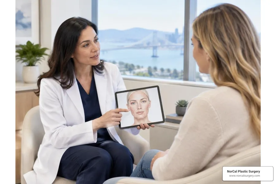 Board-certified plastic surgeon discussing facelift candidacy with an adult patient during a private consultation
