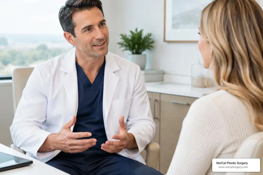Plastic surgeon speaking with an adult patient during a private facelift consultation