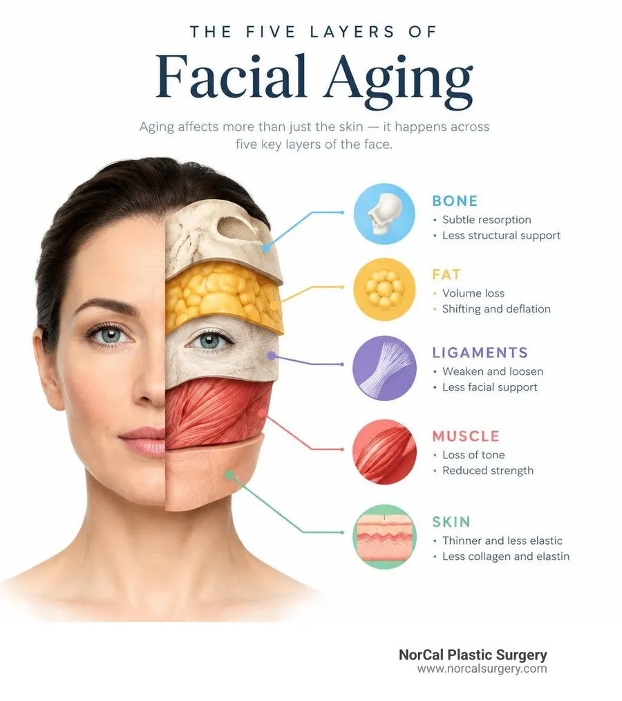 Infographic showing five layers involved in facial aging: bone, fat, ligaments, muscle, and skin infographic