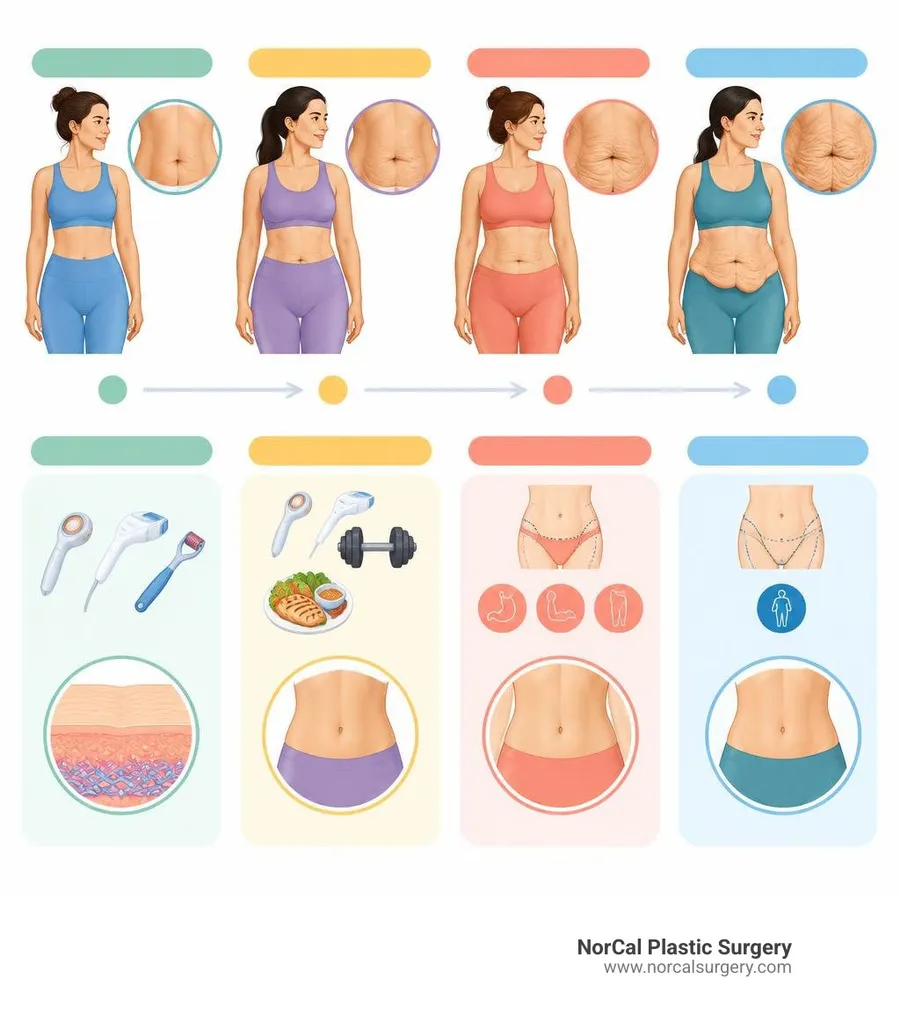 Infographic illustrating loose skin severity and treatment pathways after weight loss