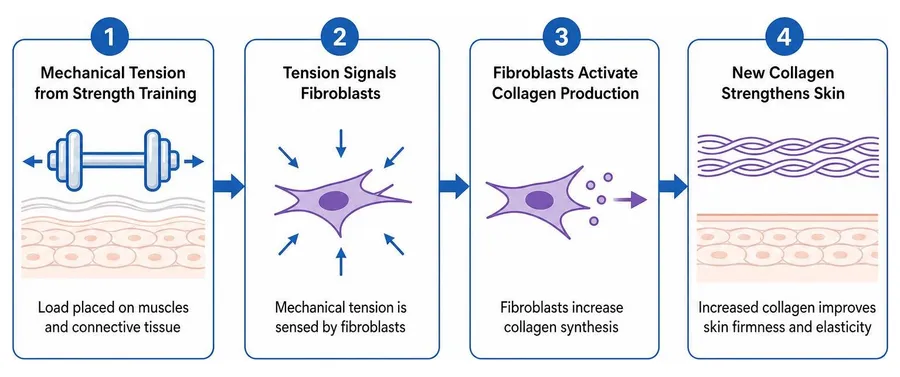 Diagram showing how mechanical tension from strength training stimulates fibroblasts to produce collagen