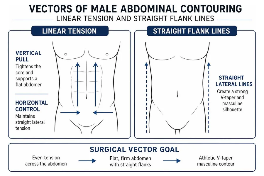 Vectors of male abdominal contouring showing linear tension and straight flank lines
