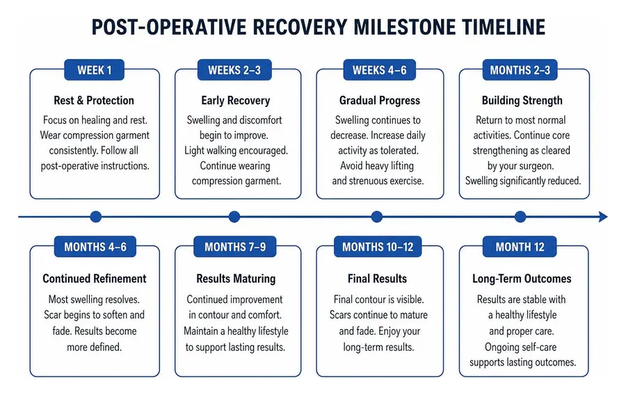 Post-operative recovery milestone timeline from week one to month twelve