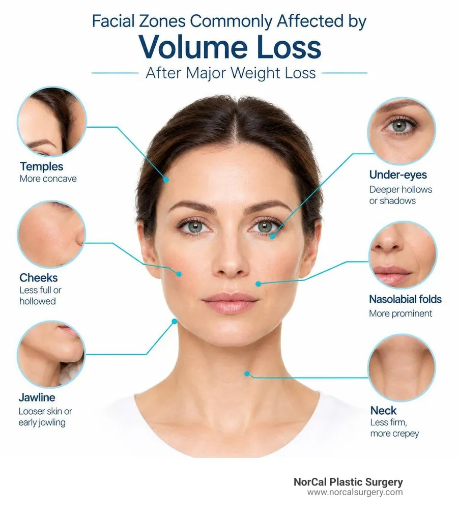 Facial zones commonly affected by volume loss after major weight loss: temples, cheeks, under-eyes, nasolabial folds
