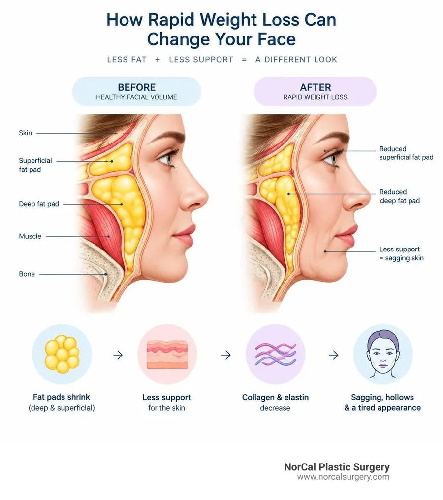 Cross-sectional facial anatomy diagram showing reduced deep and superficial facial fat volume after rapid weight loss and