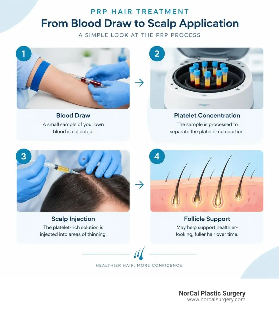 Simple infographic showing the main steps of PRP hair treatment from blood draw to scalp application infographic