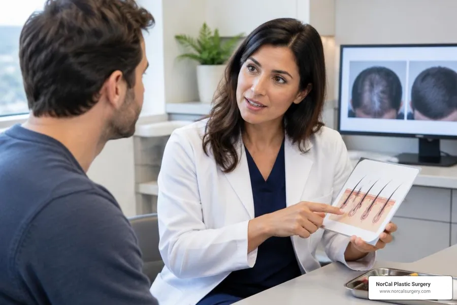 Patient speaking with a clinician about a personalized PRP hair restoration treatment plan