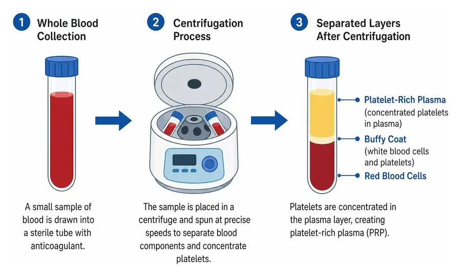 Centrifugation process separating concentrated platelet-rich plasma from whole blood