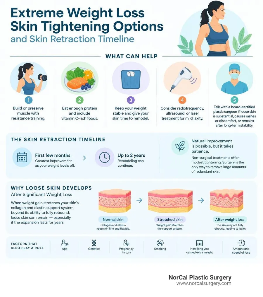 Extreme weight loss skin tightening options and skin retraction timeline infographic
