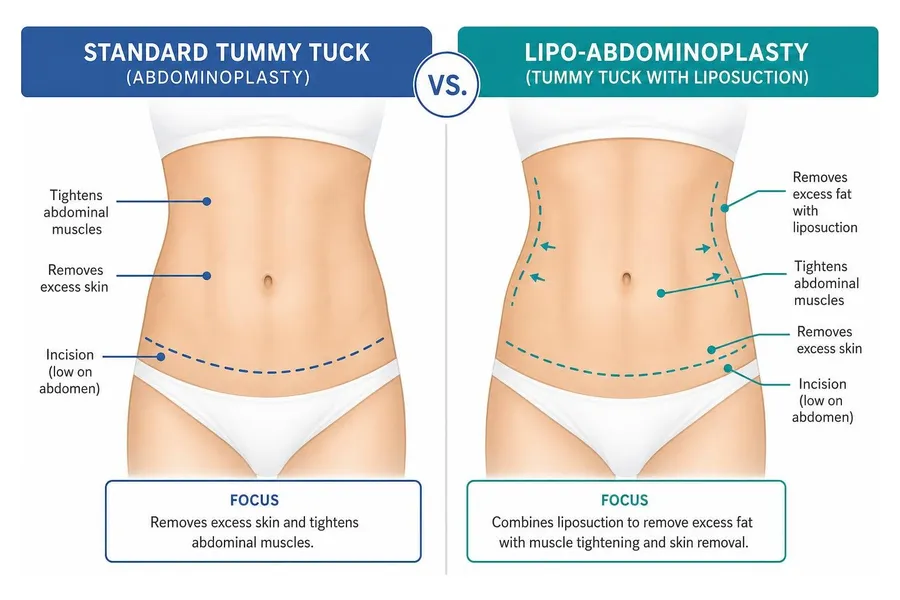 Medical diagram illustrating the difference between a standard tummy tuck and a lipo-abdominoplasty